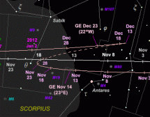 Click here for a star map showing the path of Mercury through the zodiac constellations during the evening and morning apparitions of October 2011 to January 2012.