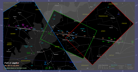 Diagram showing the areas of the 2011-14 star chart which are covered by the photographs. Dashed lines indicate that the photograph extends beyond the boundary of the star chart