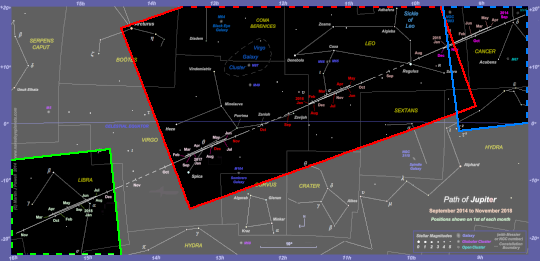 Chart showing the areas of the 2014-18 star chart which are covered by the photographs. Dashed lines indicate that the photograph extends beyond the boundary of the star chart