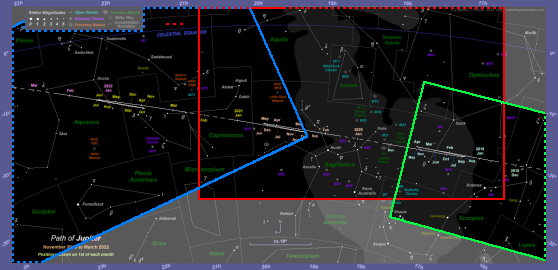 Chart showing the areas of the 2019-22 star chart which are covered by the photographs. Dashed lines indicate that the photograph extends beyond the boundary of the star chart