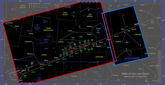 Chart showing the areas of the 2011-12 star chart which are covered by the photographs. Dashed lines indicate that the photograph extends beyond the boundary of the star chart