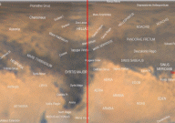 Mars map showing the region of the Martian surface which is visible in the telescopic view at left, orientated South-up. The triangular region called 'Syrtis Major' is particularly prominent (map by Damian Peach/BAA)