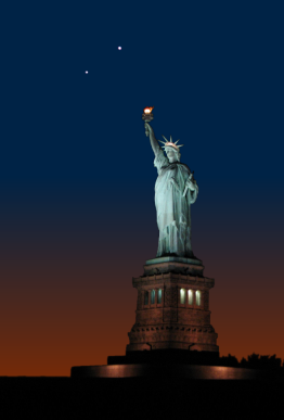 Simulation of a conjunction between Venus and Jupiter on March 15th 2012, seen over Liberty Island, New York City (based on a photograph by 'Lars0001' at Panoramio.com)
