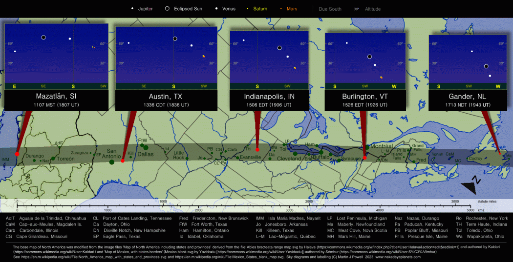 Sky diagrams showing the positions of the eclipsed Sun and the visible planets in relation to the local horizon from five locations along the path of totality during the April 8th 2024 eclipse (Copyright Martin J Powell 2023)