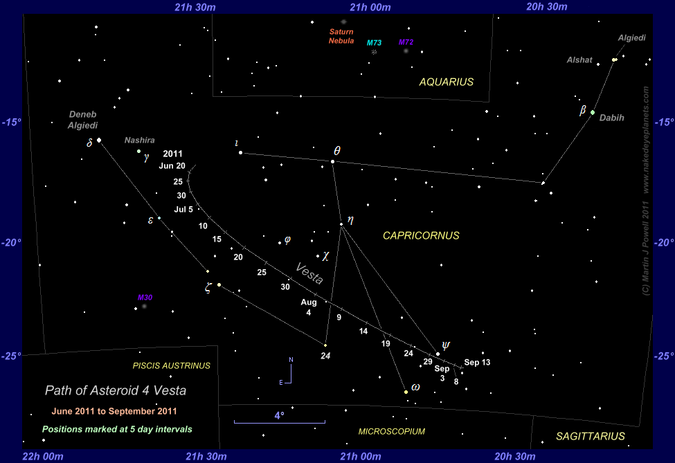 Finder chart for minor planet 4 Vesta during its period of naked-eye visibility in Capricornus between June and September 2011 (Copyright Martin J Powell 2011)