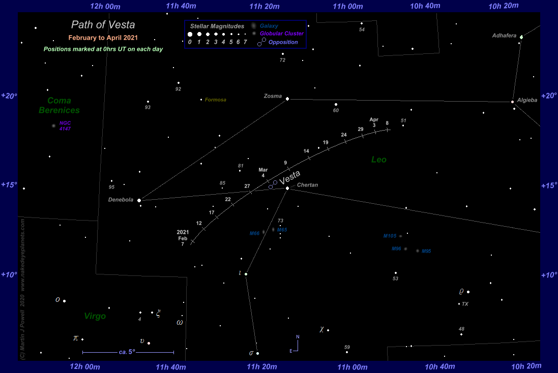 Finder chart for asteroid 4 Vesta during its period of naked-eye visibility in eastern Leo between February and early April 2021 (Copyright Martin J Powell 2020)