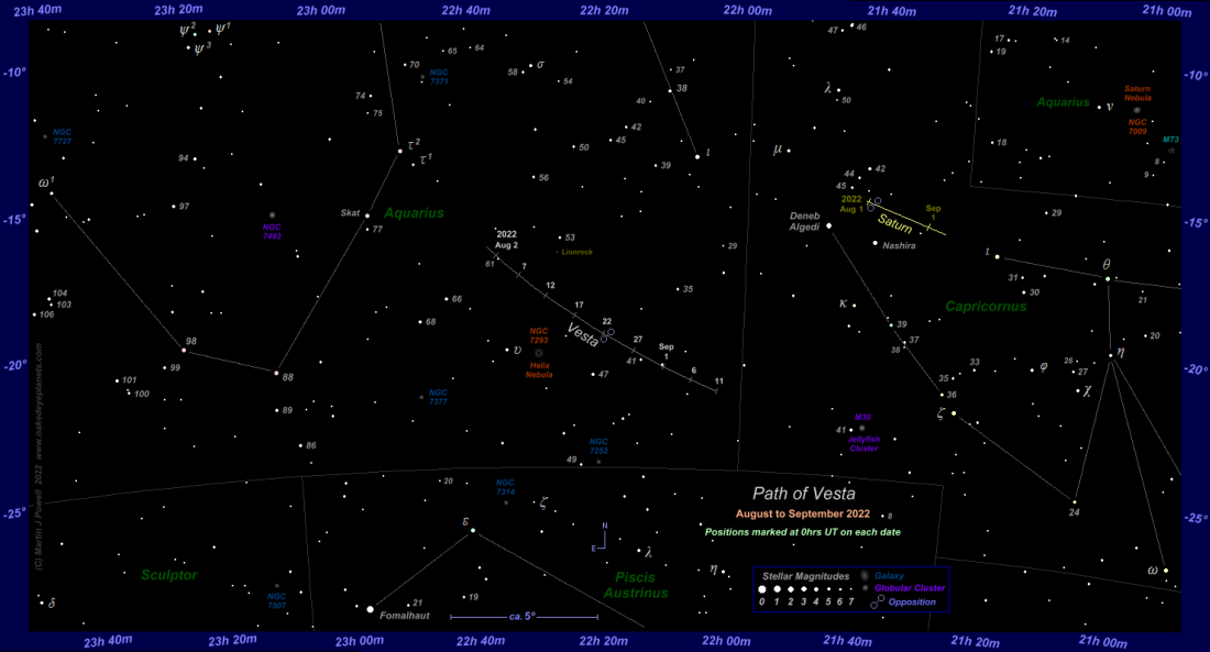 Finder chart for asteroid 4 Vesta during its period of naked-eye visibility in southern Aquarius between August and September 2022 (Copyright Martin J Powell 2022)