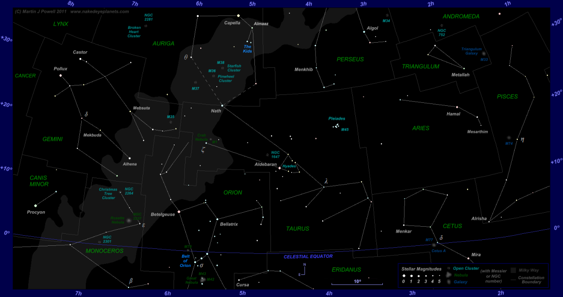 Star map showing the zodiac constellations Aries, Taurus and Gemini plus surrounding constellations (click for full-size star map)